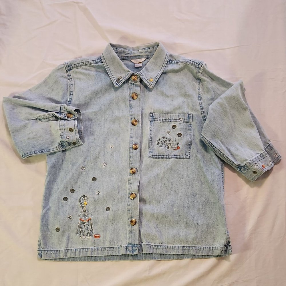 Christopher & Banks Embroidered Cats Light Wash Denim Shacket Size Medium